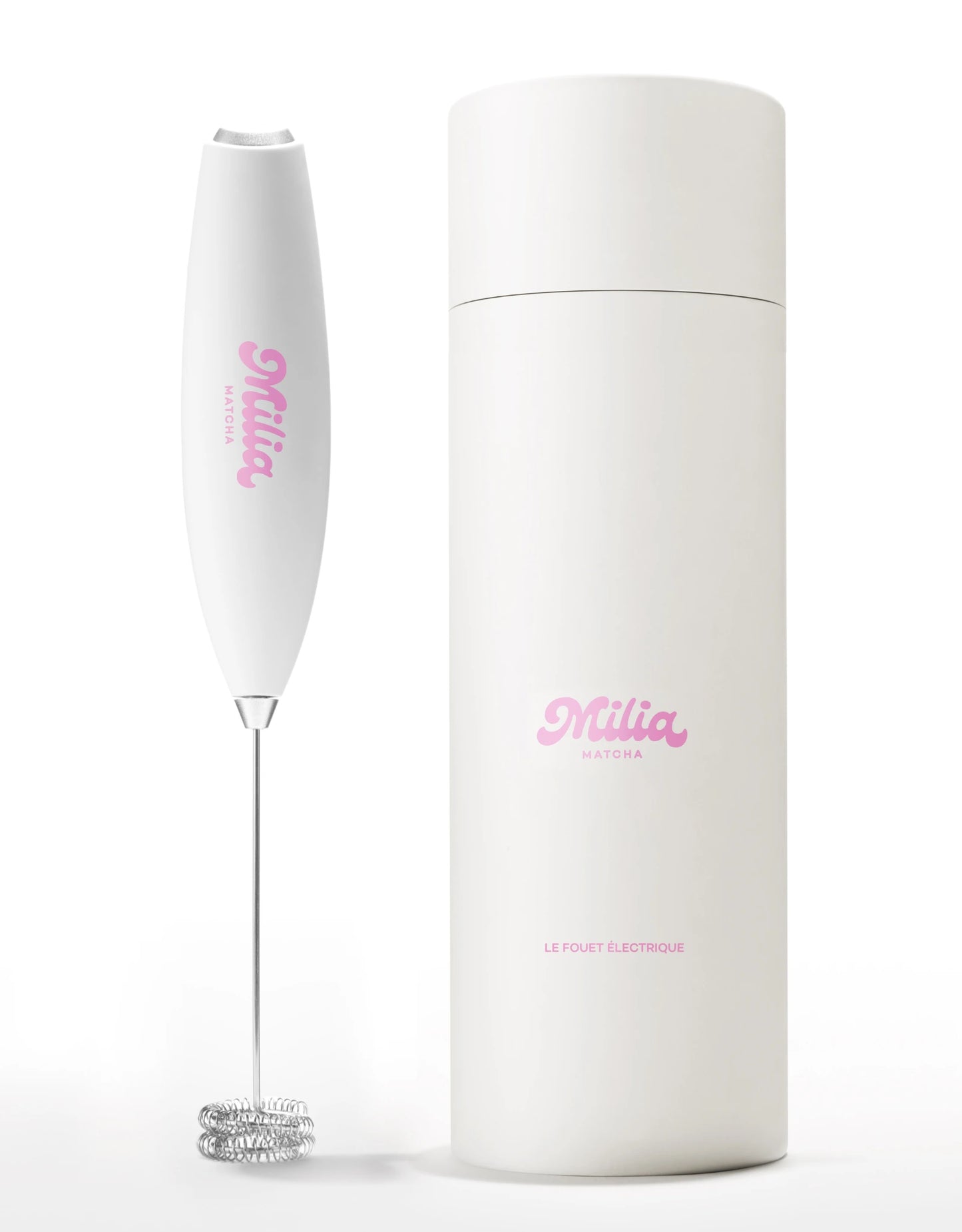 Fouet électrique Milia Matcha et sa boîte sur fond blanc